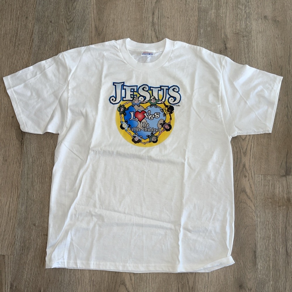 2002 Christian graphic T-shirt "Jesus Loves Little Children," size L Retro/Faith